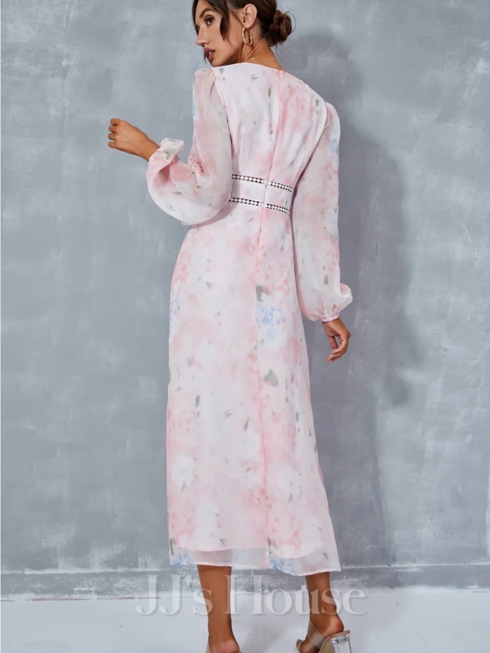JJ House Blush Pink Watercolor Floral Midi Dress Regencycore Fairycore Size M - Picture 10 of 10
